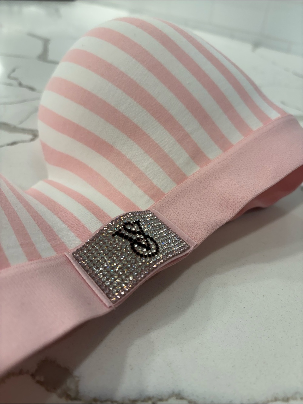 Victoria's Secret Pink and White Striped Padded Bra with Rhinestone Logo